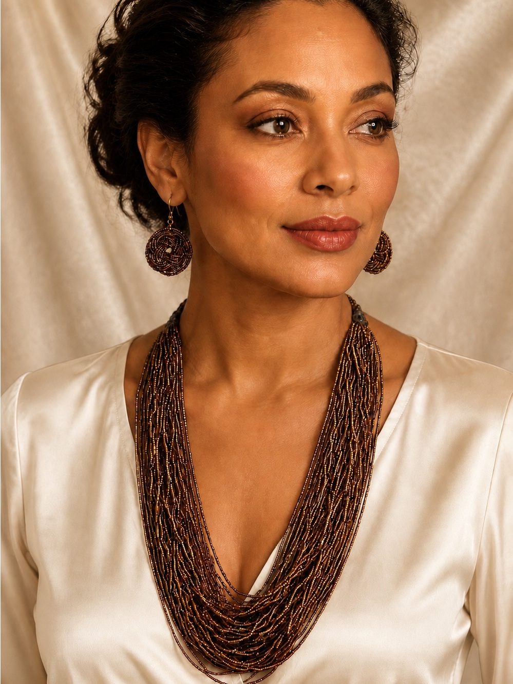 Handcrafted Bronze Seed Bead Multi-Strand Necklace with Knot Earrings